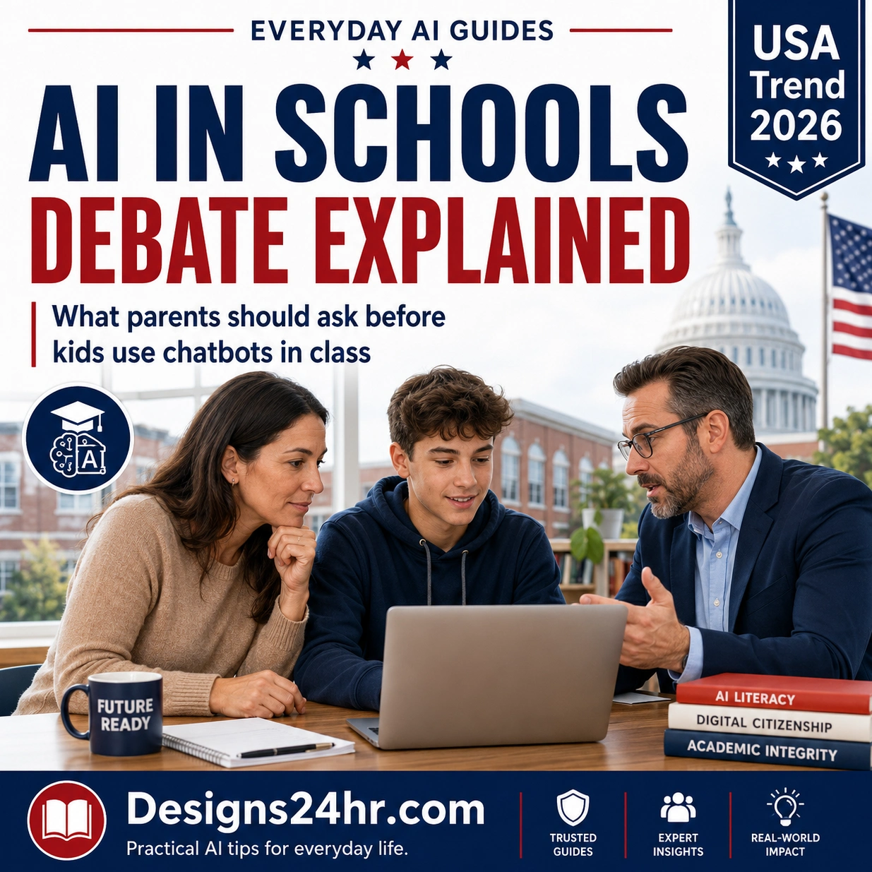 AI in Schools Debate Explained thumbnail showing a U.S. student using a laptop with a parent and educator discussing chatbot rules, privacy, and classroom AI safety.