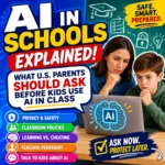 AI in schools explained thumbnail showing a child using AI in class, parent questions, privacy and data safety, learning impact, fairness, and teacher oversight.
