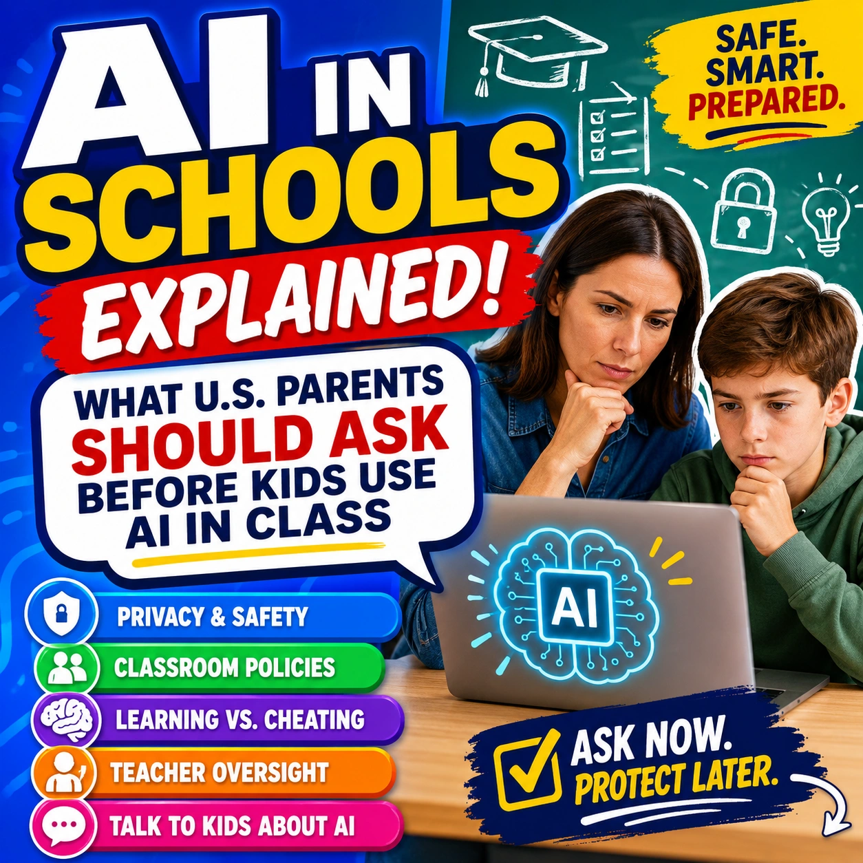 AI in schools explained thumbnail showing a child using AI in class, parent questions, privacy and data safety, learning impact, fairness, and teacher oversight.