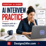 AI interview practice thumbnail showing a job seeker preparing for an interview with an AI coach, resume notes, and Designs24hr branding.