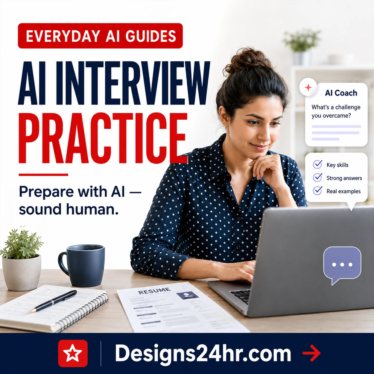 AI interview practice thumbnail showing a job seeker preparing for an interview with an AI coach, resume notes, and Designs24hr branding.