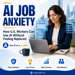 AI Job Anxiety thumbnail showing a U.S. worker using AI as a co-pilot to stay confident, work smarter, and remain relevant.