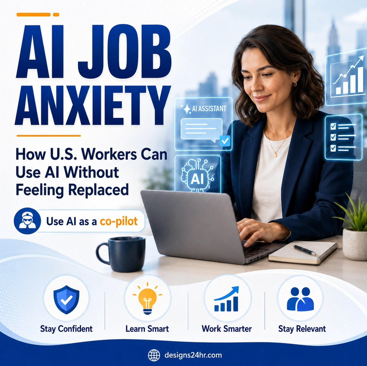 AI Job Anxiety thumbnail showing a U.S. worker using AI as a co-pilot to stay confident, work smarter, and remain relevant.
