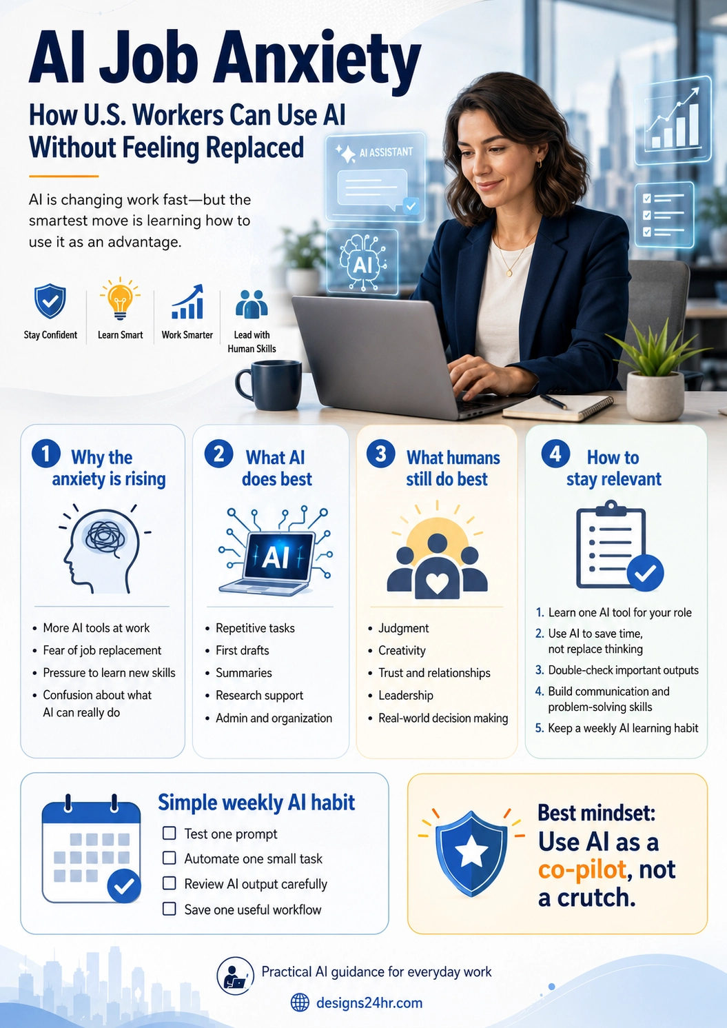AI Job Anxiety infographic explaining why U.S. workers feel anxious about AI, what AI does best, what humans still do best, and how to stay relevant.