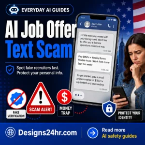 AI job offer text scam warning thumbnail showing a fake recruiter message, scam alert icons, and a worried U.S. job seeker protecting personal information.