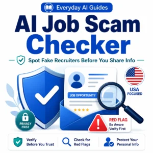 AI Job Scam Checker thumbnail showing a shield, recruiter message, magnifying glass, red flag warning, privacy-first badge, and USA-focused label for spotting fake recruiters before sharing personal info.