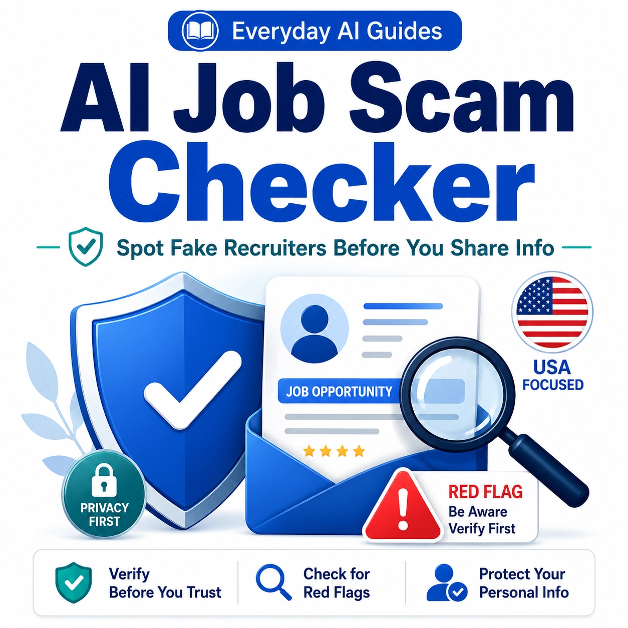 AI Job Scam Checker thumbnail showing a shield, recruiter message, magnifying glass, red flag warning, privacy-first badge, and USA-focused label for spotting fake recruiters before sharing personal info.