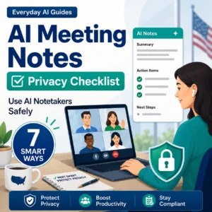 Everyday AI Guides thumbnail showing a U.S. remote worker using AI meeting notes on a laptop with a privacy shield, checklist badge, and “AI Meeting Notes Privacy Checklist” text.