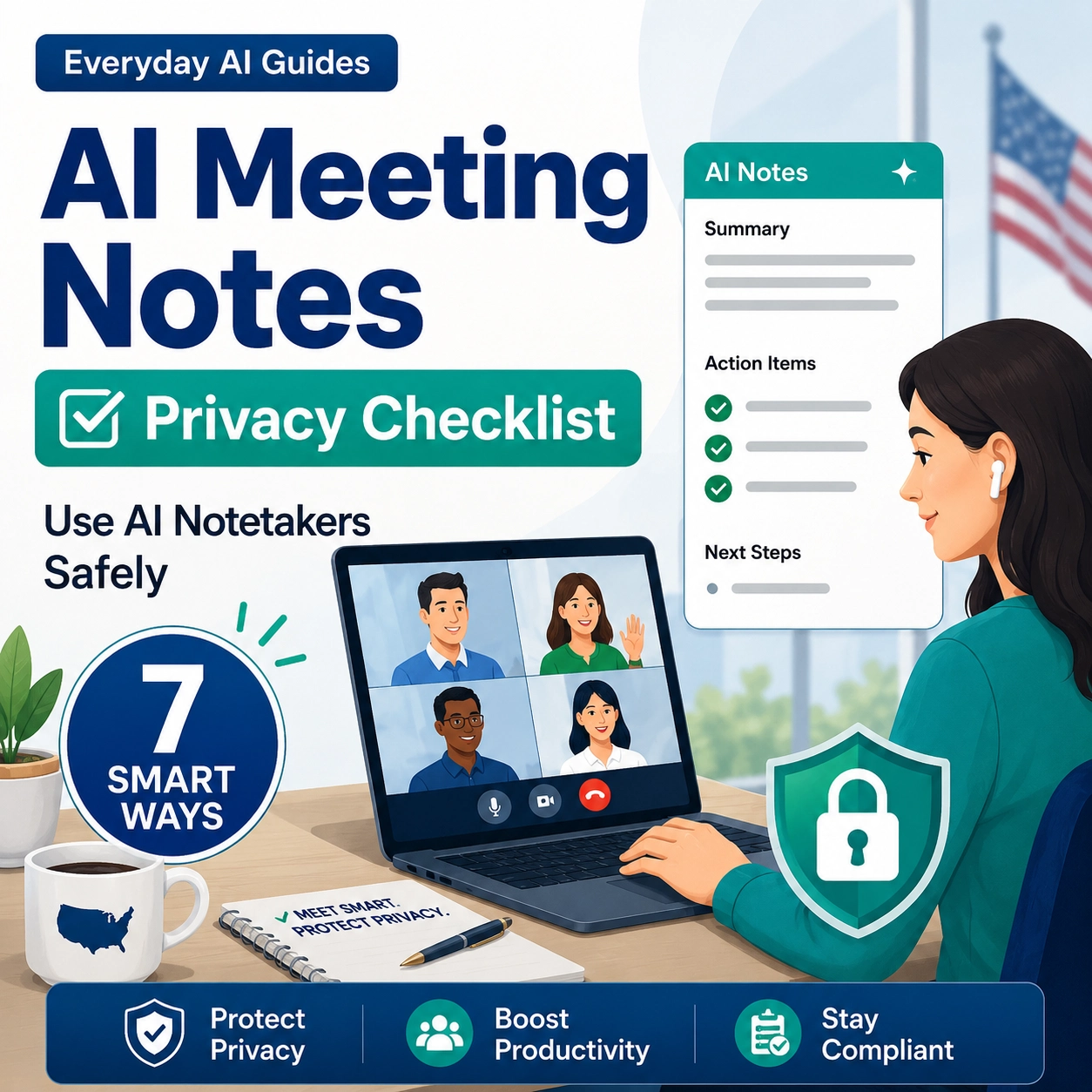 Everyday AI Guides thumbnail showing a U.S. remote worker using AI meeting notes on a laptop with a privacy shield, checklist badge, and “AI Meeting Notes Privacy Checklist” text.