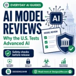 AI model reviews explained thumbnail showing advanced AI, U.S. government testing, model review checklist, safety checks, and risk assessment icons.