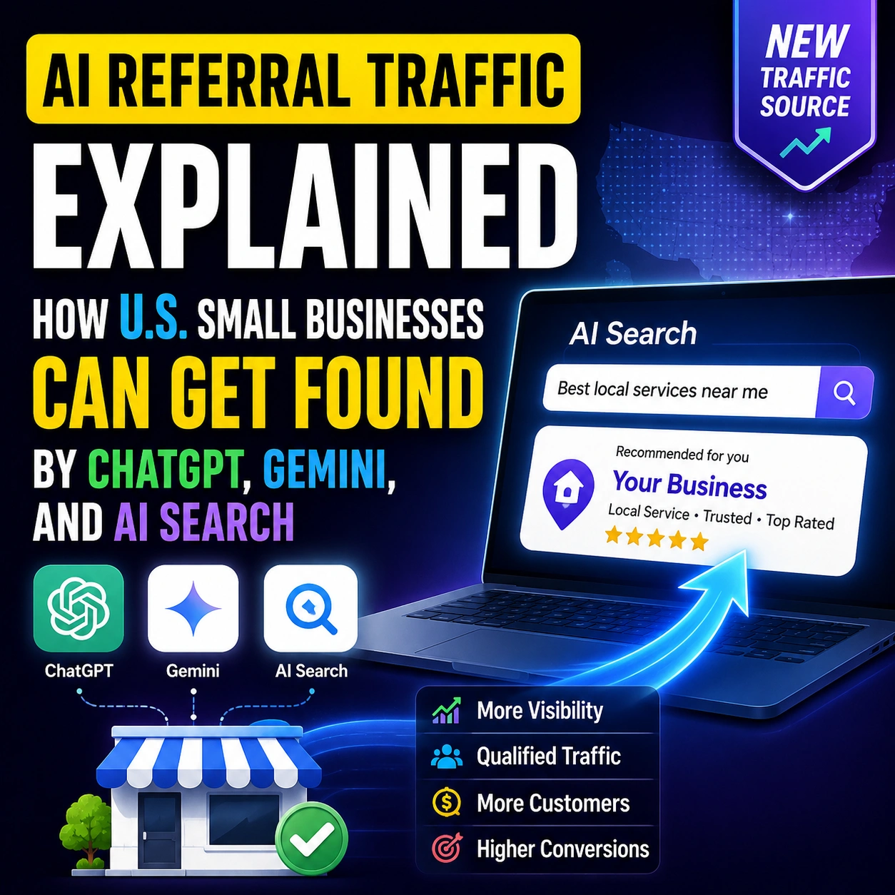 High-converting thumbnail for AI referral traffic explained, showing U.S. small businesses getting found through ChatGPT, Gemini, and AI search.