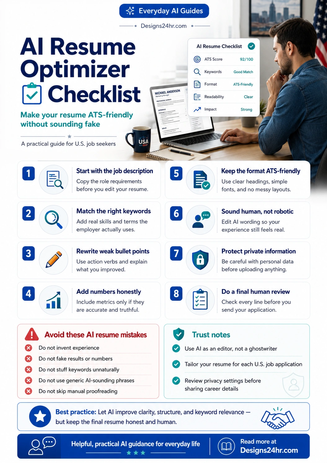 AI Resume Optimizer Checklist infographic for U.S. job seekers showing steps to match job keywords, rewrite resume bullets honestly, protect privacy, and keep resumes ATS-friendly.
