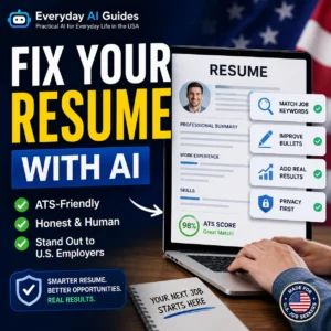 AI resume optimizer checklist for U.S. job seekers showing ATS resume tips, keyword matching, privacy reminders, and honest resume editing with AI