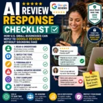 Square thumbnail showing a small business owner using an AI review response checklist to reply to Google reviews, build trust, save time, and avoid fake review mistakes.