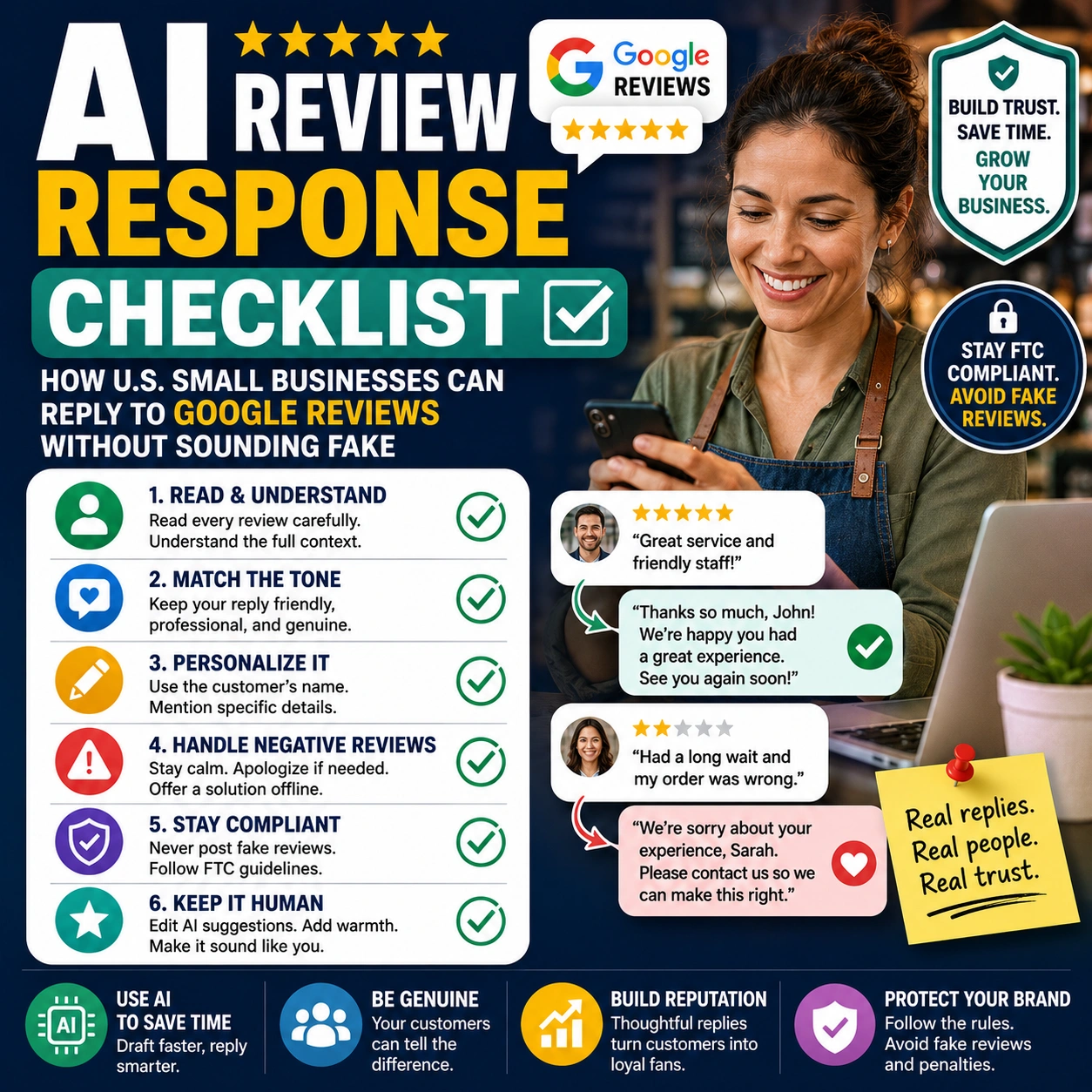 Square thumbnail showing a small business owner using an AI review response checklist to reply to Google reviews, build trust, save time, and avoid fake review mistakes.