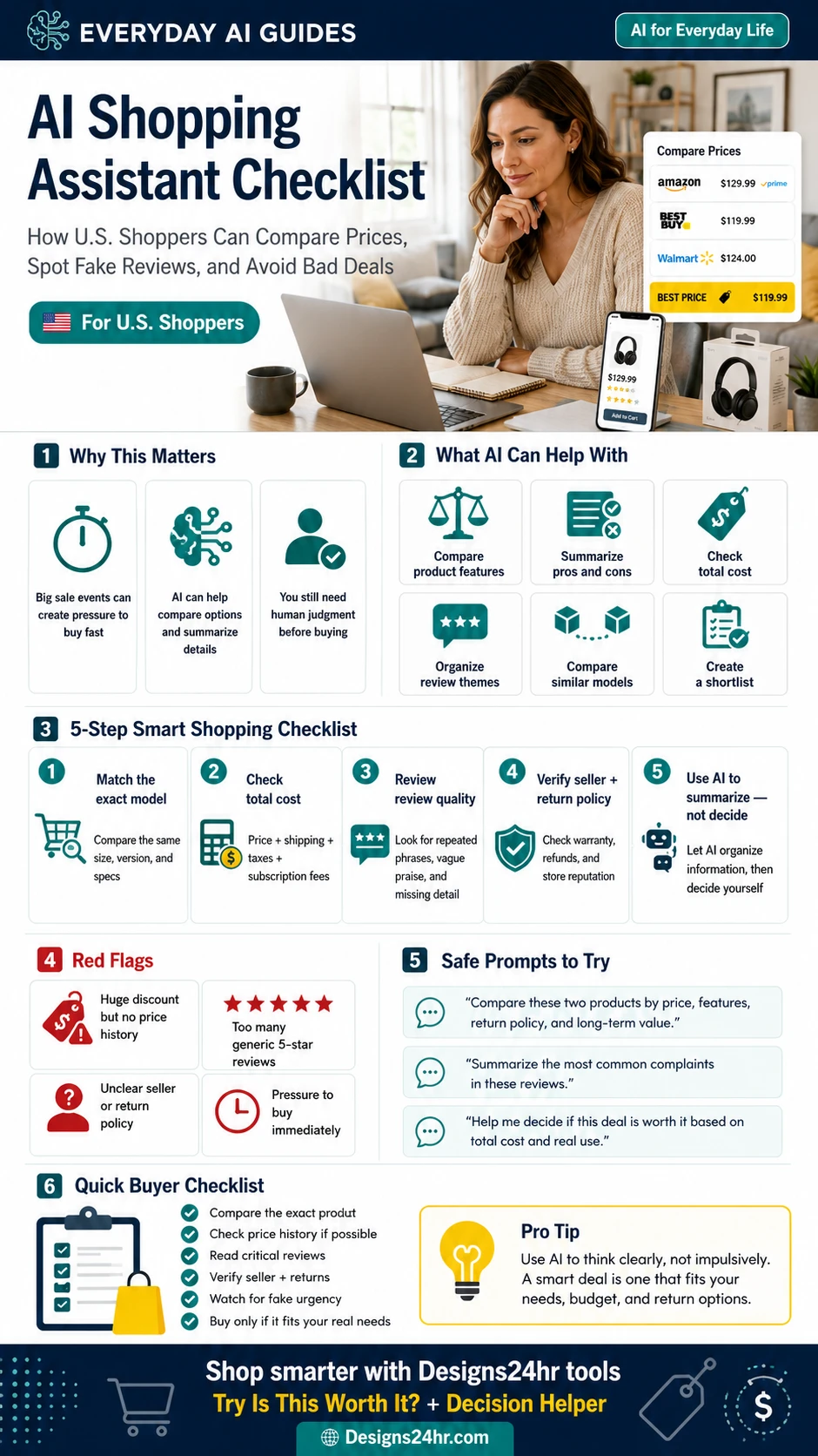 AI shopping assistant checklist infographic for U.S. shoppers showing how to compare prices, check total cost, review seller policies, spot fake reviews, and avoid bad deals.