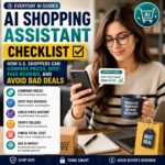Square thumbnail showing a U.S. shopper using an AI shopping assistant checklist to compare prices, spot fake reviews, check total cost, and avoid bad online deals.