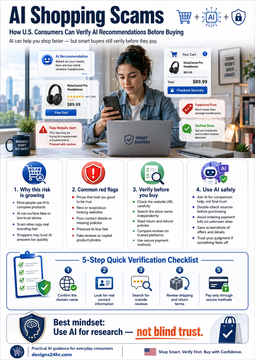 AI Shopping Scams infographic explaining how U.S. consumers can verify AI product recommendations, spot fake websites, check reviews, and shop safely.