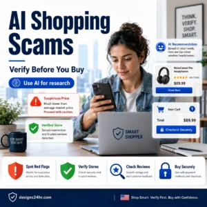 AI Shopping Scams thumbnail showing a U.S. consumer verifying AI shopping recommendations, spotting suspicious prices, checking reviews, and buying securely.
