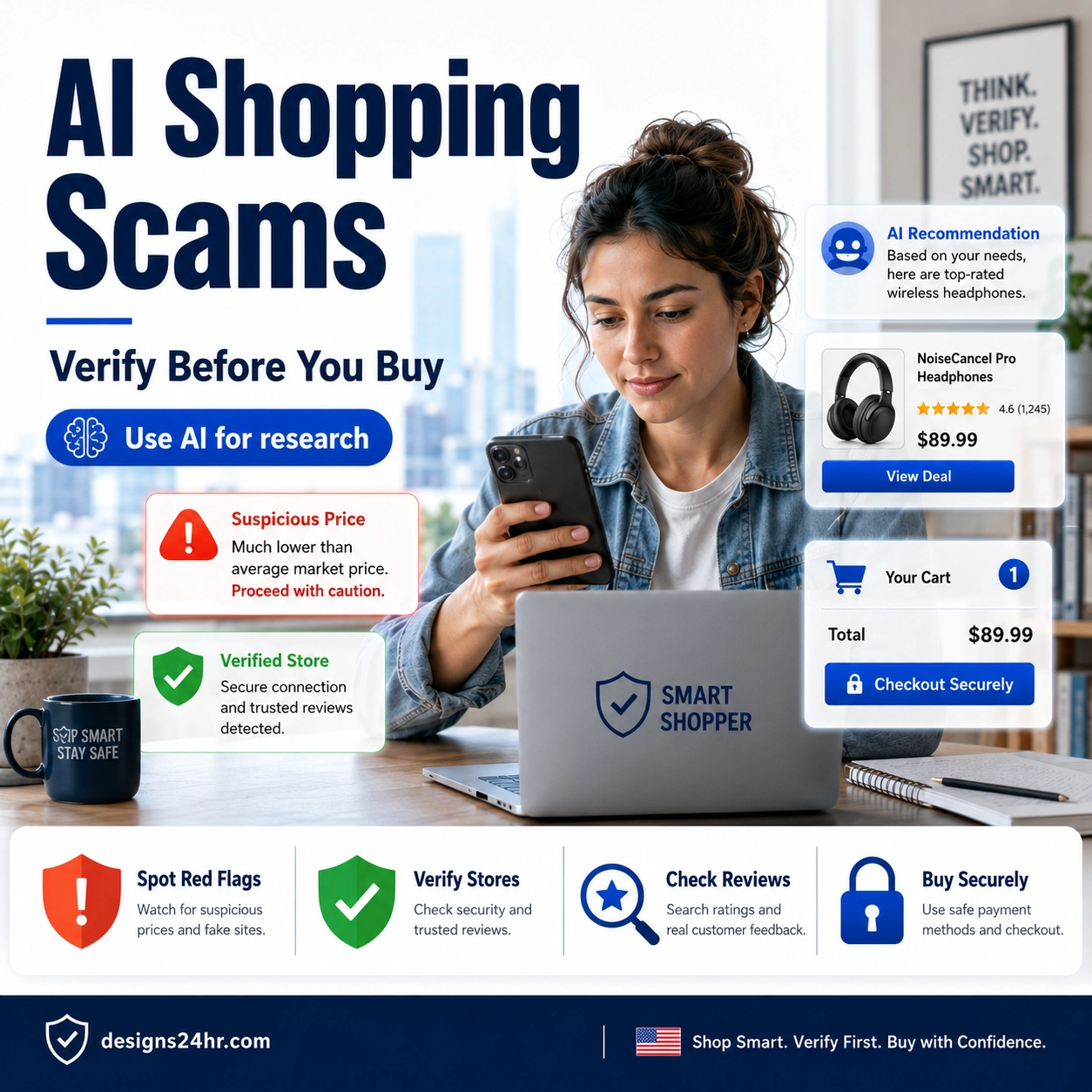 AI Shopping Scams thumbnail showing a U.S. consumer verifying AI shopping recommendations, spotting suspicious prices, checking reviews, and buying securely.