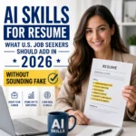 Square thumbnail showing a U.S. job seeker holding a resume with AI skills highlighted, explaining what AI skills to add to a resume in 2026 without sounding fake.