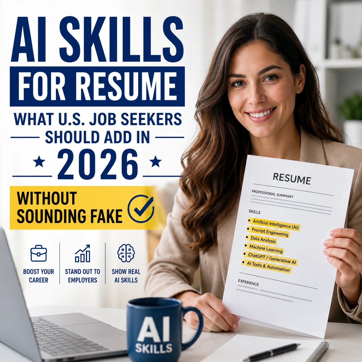 Square thumbnail showing a U.S. job seeker holding a resume with AI skills highlighted, explaining what AI skills to add to a resume in 2026 without sounding fake.