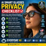 AI smart glasses privacy checklist for U.S. users showing camera, audio, cloud, consent, and safety icons beside a person wearing smart glasses.