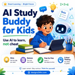 AI Study Buddy for Kids thumbnail showing a child learning with a friendly AI assistant, books, tablet, quiz icons, and the message to use AI to learn, not cheat.