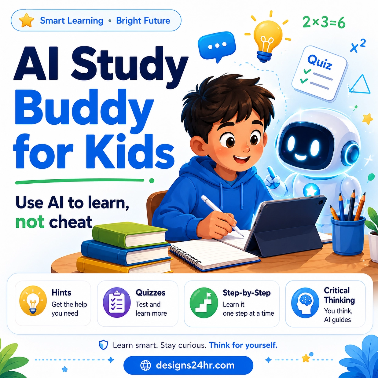 AI Study Buddy for Kids thumbnail showing a child learning with a friendly AI assistant, books, tablet, quiz icons, and the message to use AI to learn, not cheat.