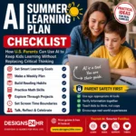 AI summer learning plan thumbnail showing a parent and child using a laptop with a checklist for reading, math, projects, and safe AI learning at home.