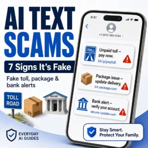 AI text scams thumbnail showing a smartphone with fake toll, package, and bank alert messages, warning icons, and the headline 7 signs it’s fake.