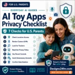 AI Toy Apps Privacy Checklist thumbnail showing a U.S. parent and child reviewing smart toy app permissions with privacy shield icons.