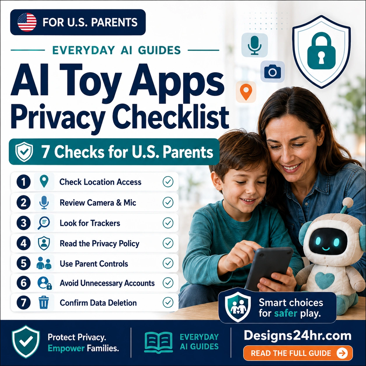 AI Toy Apps Privacy Checklist thumbnail showing a U.S. parent and child reviewing smart toy app permissions with privacy shield icons.