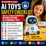 AI toys safety checklist thumbnail with a child, smart robot toy, privacy shield, and seven safety checks for parents.