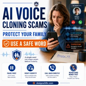 AI Voice Cloning Scams thumbnail showing a worried parent receiving a suspicious AI-cloned emergency call and using a family safe word to protect loved ones.