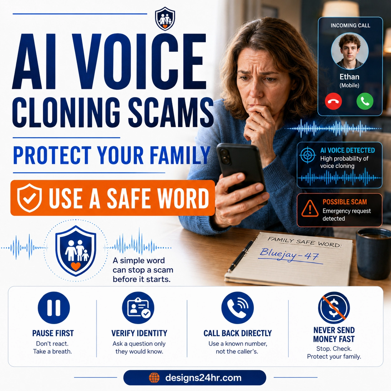 AI Voice Cloning Scams thumbnail showing a worried parent receiving a suspicious AI-cloned emergency call and using a family safe word to protect loved ones.