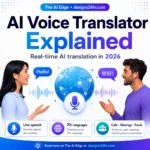 AI Voice Translator Explained thumbnail showing two people speaking different languages with a globe, microphone, speech bubbles, and real-time AI translation visuals.