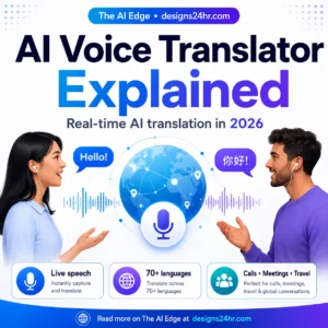 AI Voice Translator Explained thumbnail showing two people speaking different languages with a globe, microphone, speech bubbles, and real-time AI translation visuals.