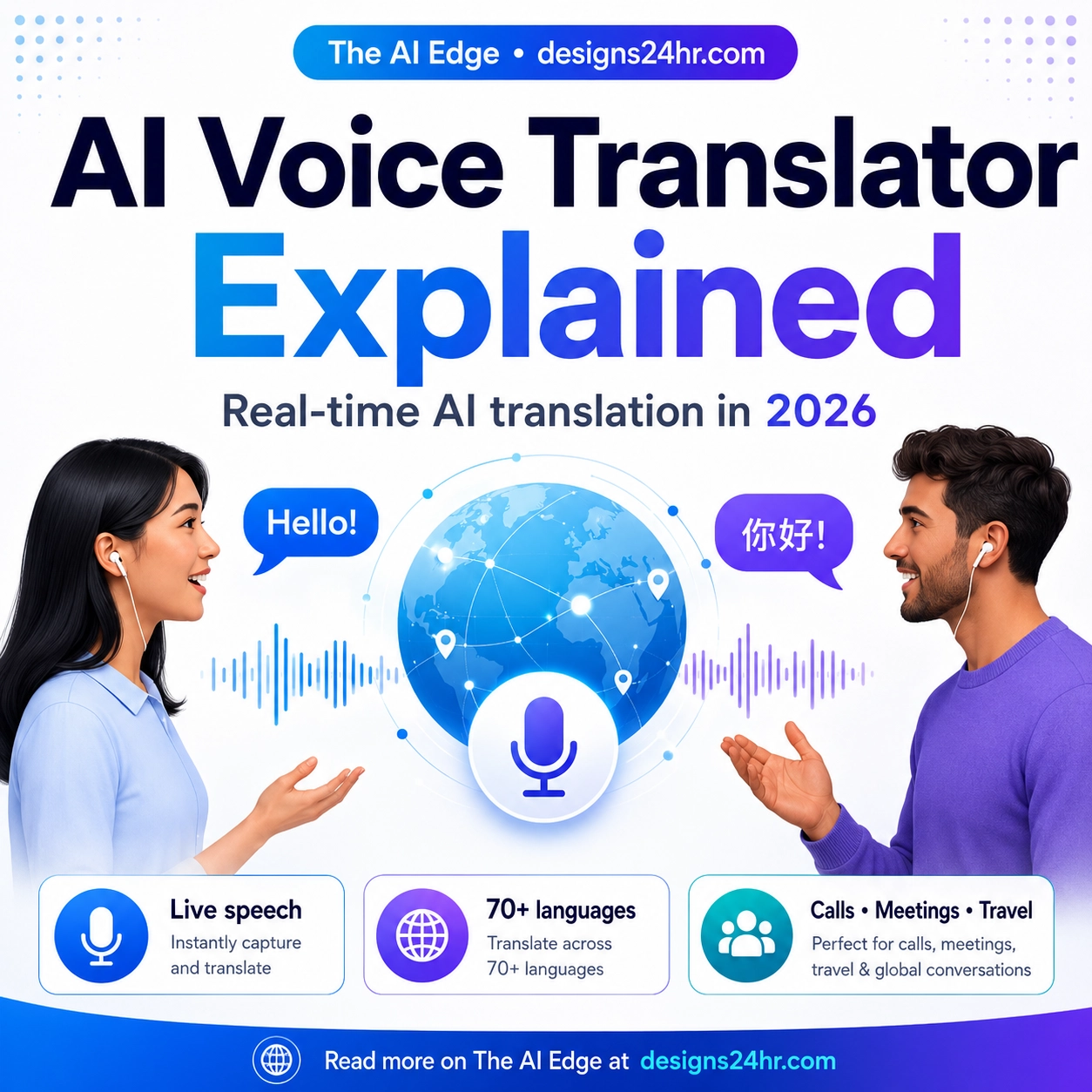 AI Voice Translator Explained thumbnail showing two people speaking different languages with a globe, microphone, speech bubbles, and real-time AI translation visuals.