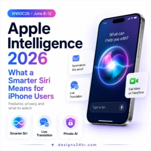 Apple Intelligence 2026 thumbnail showing a smarter Siri interface on an iPhone with feature cards for Live Translation, Private AI, and email summaries.