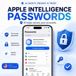 Apple Intelligence Passwords thumbnail showing an iPhone Passwords app security check that finds weak passwords and helps secure accounts for U.S. iPhone users