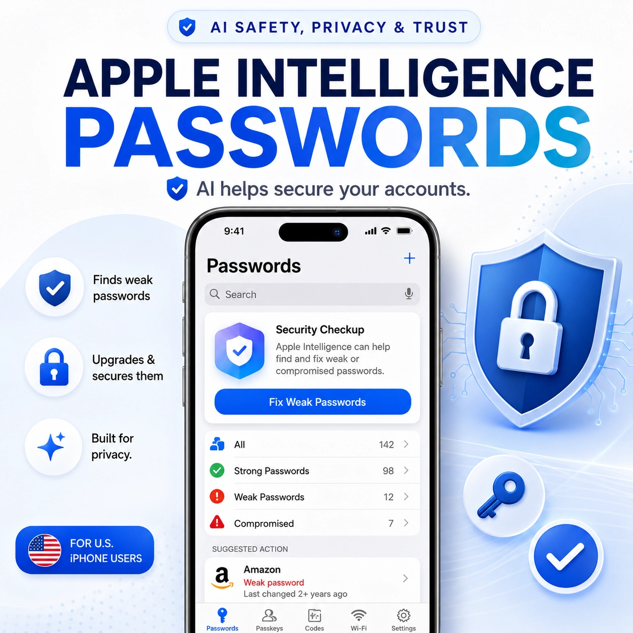 Apple Intelligence Passwords thumbnail showing an iPhone Passwords app security check that finds weak passwords and helps secure accounts for U.S. iPhone users