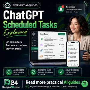 ChatGPT Scheduled Tasks thumbnail showing AI reminders, recurring task cards, a laptop and phone scheduling interface, and a productivity-focused user.