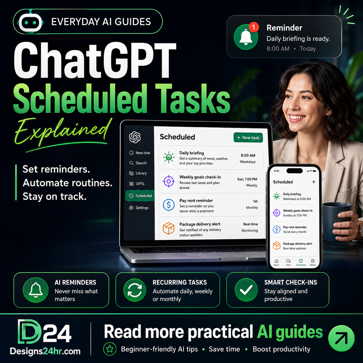 ChatGPT Scheduled Tasks thumbnail showing AI reminders, recurring task cards, a laptop and phone scheduling interface, and a productivity-focused user.
