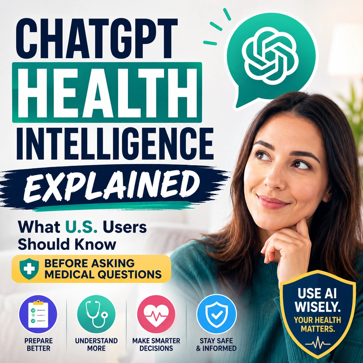 ChatGPT Health Intelligence thumbnail showing a U.S. user learning how to ask safer health questions with medical icons and a use AI wisely message.