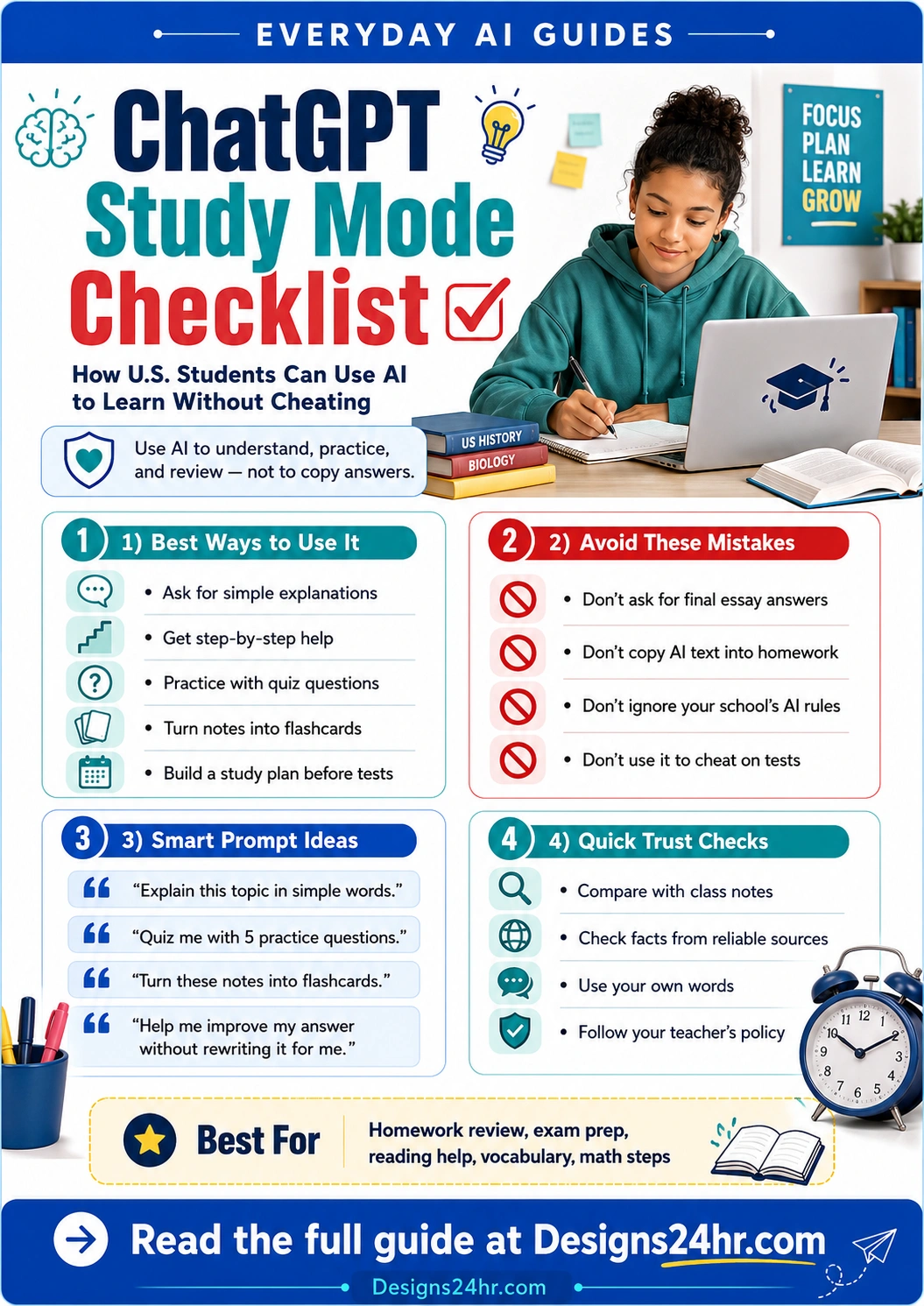 Vertical infographic titled ChatGPT Study Mode Checklist explaining how U.S. students can use AI to understand topics, practice quizzes, create flashcards, prepare for exams, and avoid cheating.