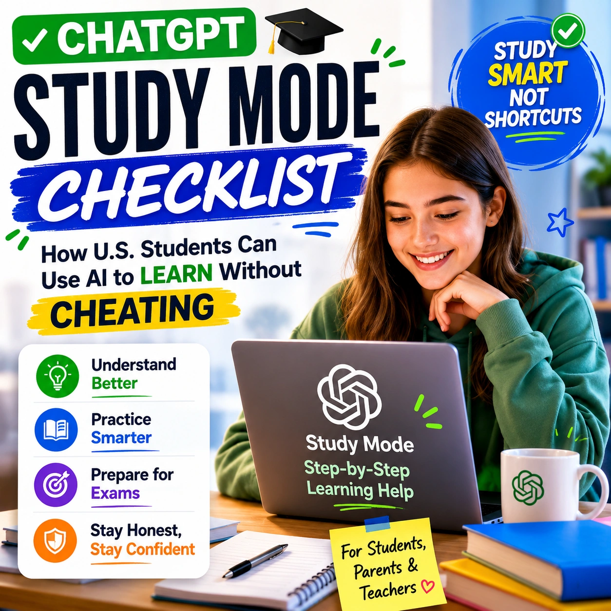 ChatGPT Study Mode checklist thumbnail showing a U.S. student using AI for step-by-step explanations, practice questions, flashcards, study plans, and honest study help.