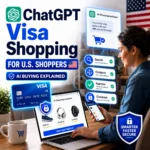 ChatGPT Visa shopping thumbnail for U.S. shoppers showing an AI shopping assistant searching, comparing, approving, and checking out with secure Visa payment