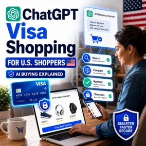 ChatGPT Visa shopping thumbnail for U.S. shoppers showing an AI shopping assistant searching, comparing, approving, and checking out with secure Visa payment