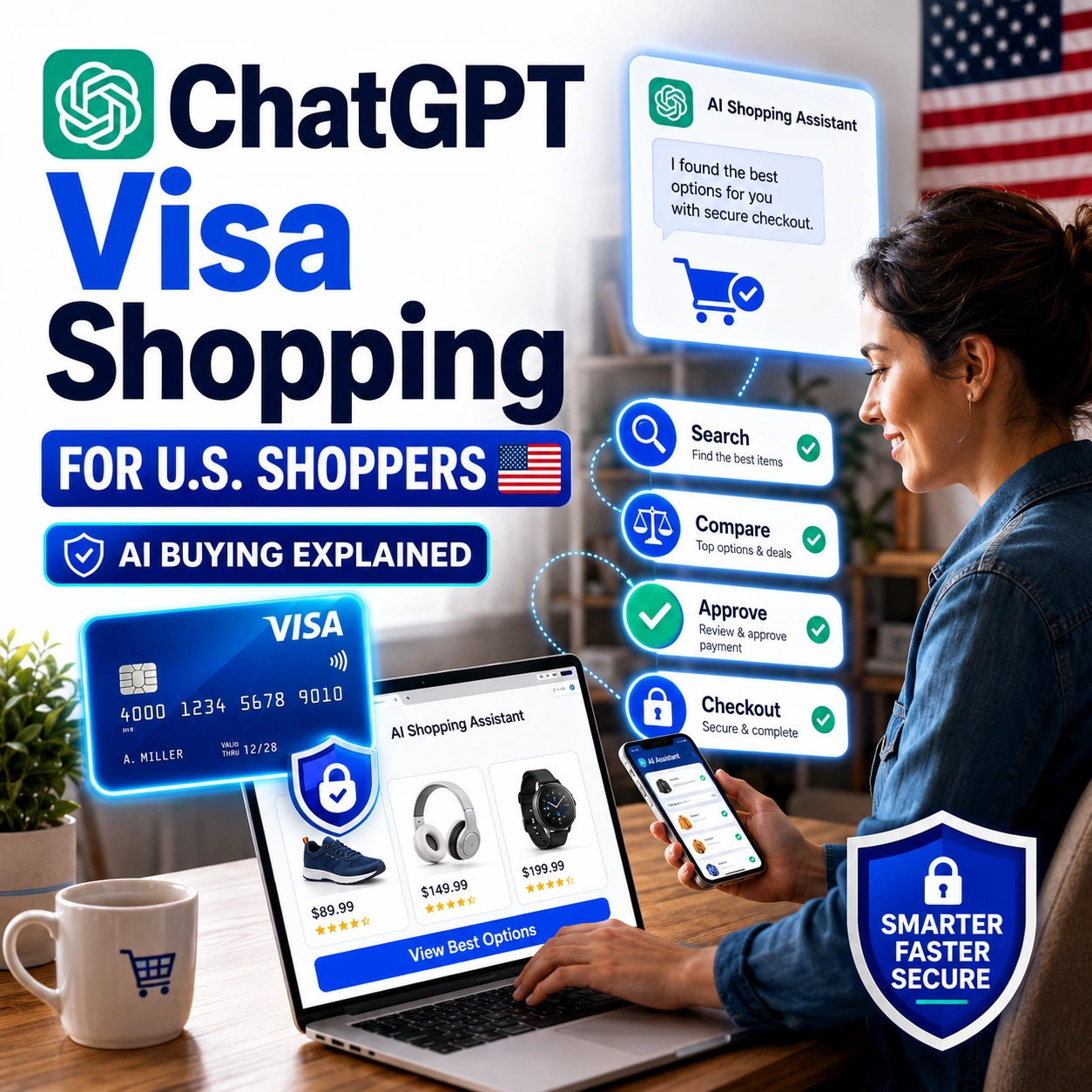 ChatGPT Visa shopping thumbnail for U.S. shoppers showing an AI shopping assistant searching, comparing, approving, and checking out with secure Visa payment